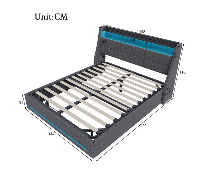 Cama doble, cama LED, USB 152x195 Gris