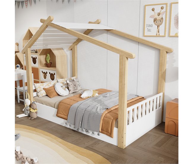 Cama cabaña de madera de pino Natural/ Blanco