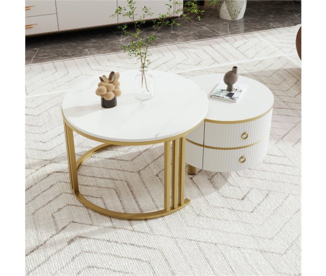 2 en 1, mesa de centro, mesa de salón, 2 cajones 70x70 Blanco