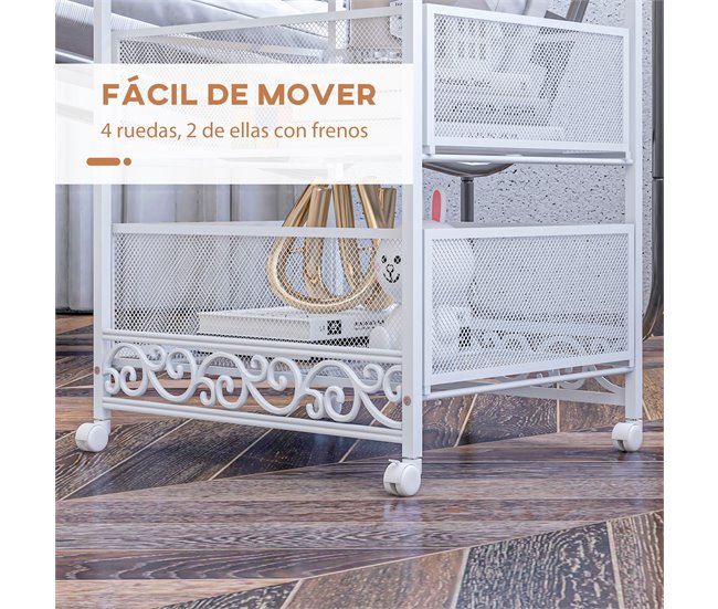 Carrito de Almacenamiento Melamina de Madera, Acero HOMCOM Blanco