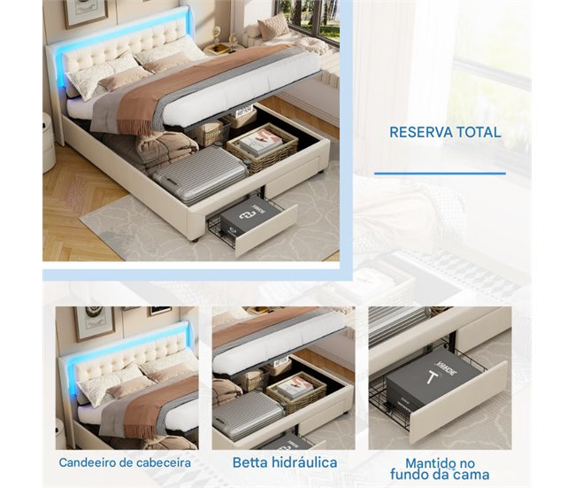 Cama, cajón, LED, USB, bolsa de almacenamiento. 185x203 Beige