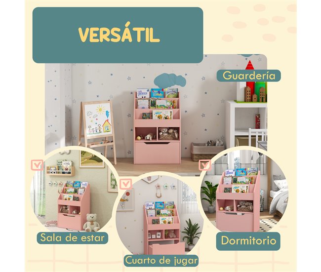 Estantería Infantil MDF, Nylon HOMCOM 60 Rosa