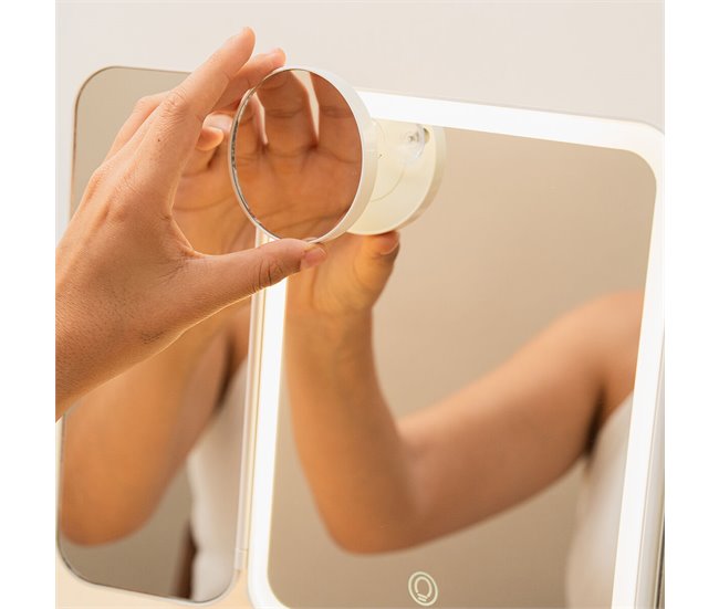 Espejo de Maquillaje Tríptico Recargable con Aumento y Luz LED Blanco