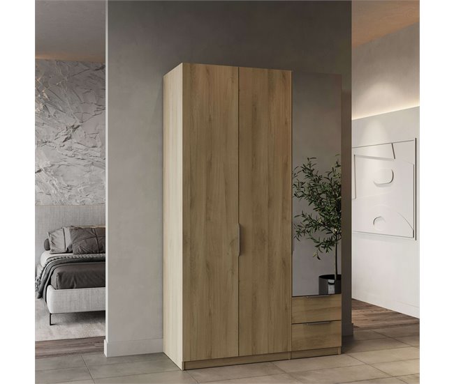 Armario Dormitorio Ghost 3 puertas, 2 cajones, espejo Madera Clara