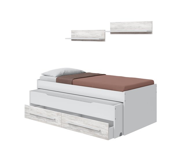 Cama juvenil doble DUO con 2 cajones y 2 estanterias Blanco