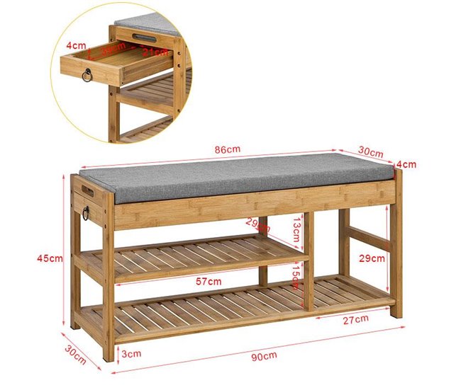 Banco de Almacenamiento con cajón y cojín Bambú FSR47-N SoBuy Madera