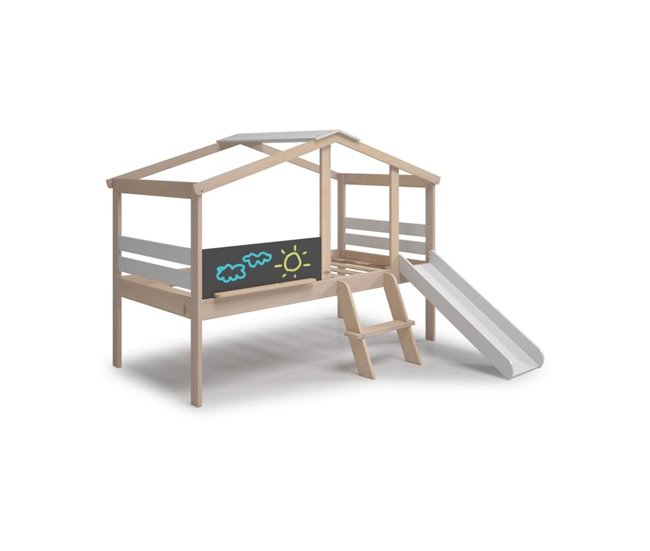 Cama cabaña con tobogán Rushi 204x187 Blanco/ Madera