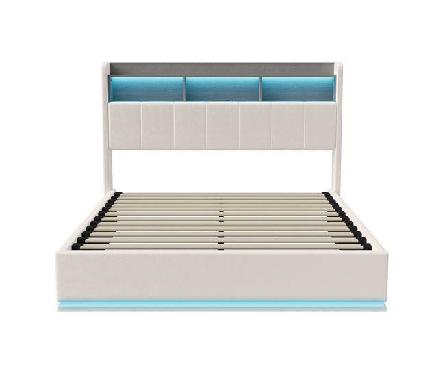 Cama, LED, USB, cama hidráulica, estructura de cama juvenil Beige