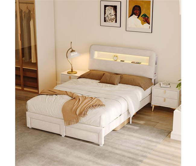 Cama con luces LED, puertos USB, puerto Tipo-C y cajones Beige