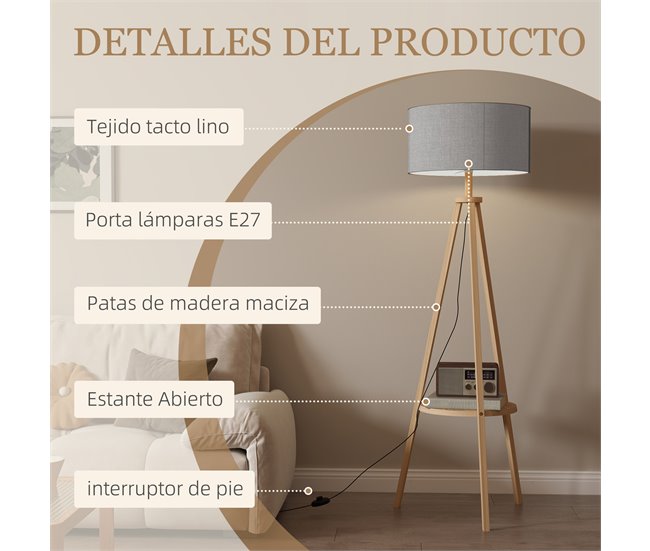 Lámpara de Pie Madera, Lino HOMCOM, hogar - iluminación Gris