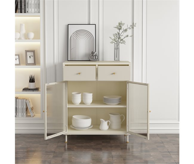 Aparador Lindau con 2 cajones puerta de cristal [en.casa] Crema