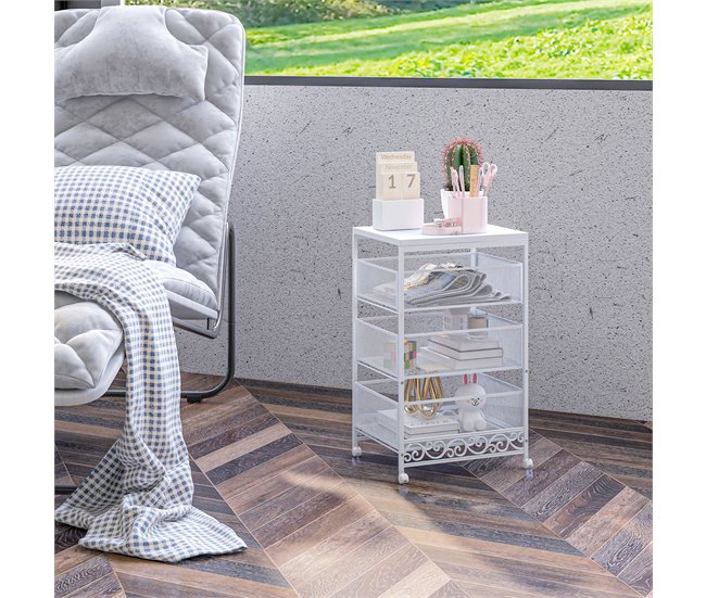 Carrito de Almacenamiento Melamina de Madera, Acero HOMCOM Blanco