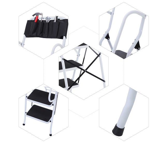 Escalera Plegable Metal, Acero HOMCOM Blanco/ Negro
