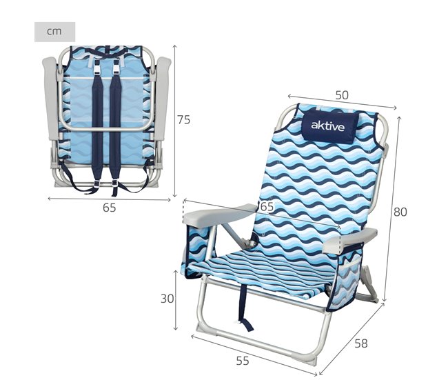 Aktive Silla plegable de playa con 5 posiciones, cojín, aluminio Azul