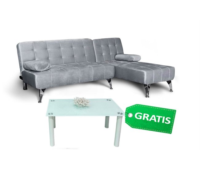 Sofá-cama chaise longue con mesita de centro Gris Claro