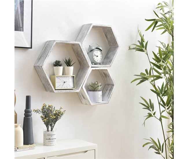 Set de 3 estantes de pared Nuno hexagonales Madera