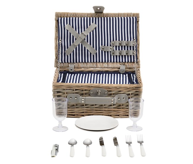 [casa.pro] Cesta de pícnic para 2 personas con nevera, cubiertos Blanco/ Azul