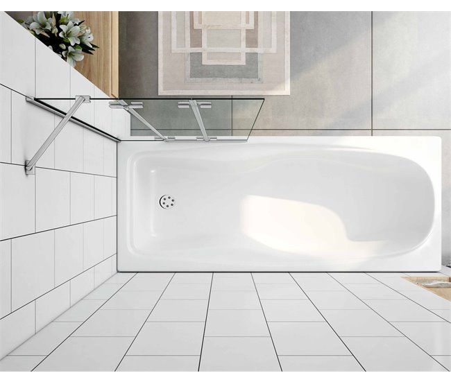 Mampara de Bañera Plegable Vidrio Templado con 3 hojas abatibles,Barra Soporte 35cm Blanco/ Gris