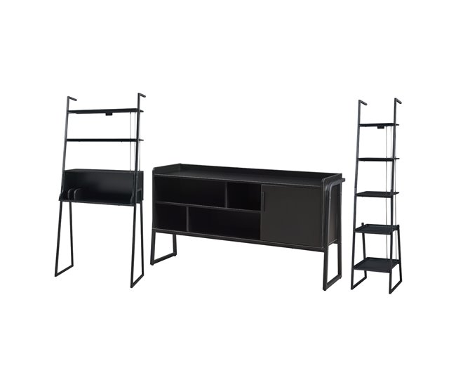 Conforama Set de muebles 'Storfjord' 3 piezas: 1x escritorio 1 x estantería 1x Mesa TV metal - Negro [en.casa]