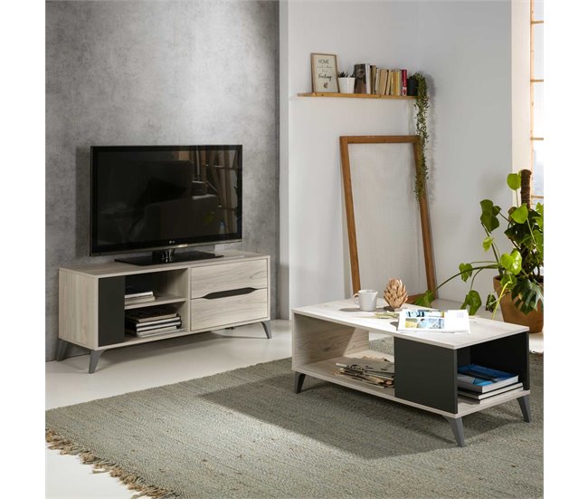 Mueble TV Orly 1 Puerta y 2 cajones Roble Claro/Gris Gris