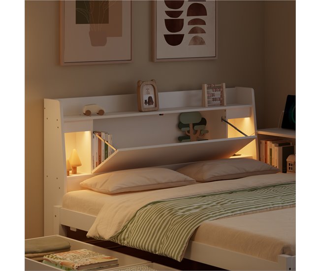 Cama juvenile de madera de pino con 2 cajónes 163x220 Blanco