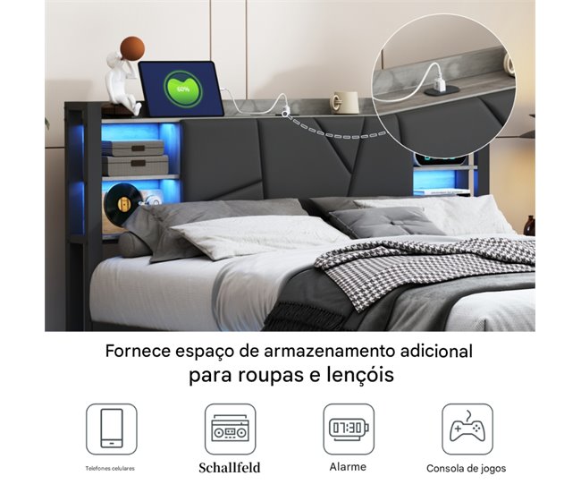 cama, led, usb, cama para adolescentes, cama doble, cajones 140x214 Negro