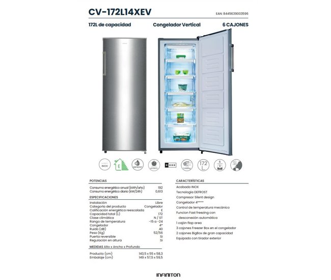 Congelador Vertical Infiniton CV-172L14XEV, 172 l, E, Ciclico, 6 Cajones Inox