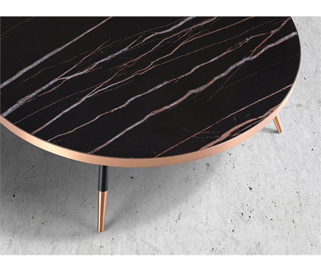 Mesa centro redonda mármol porcelánico y acero negro Negro/ Naranja