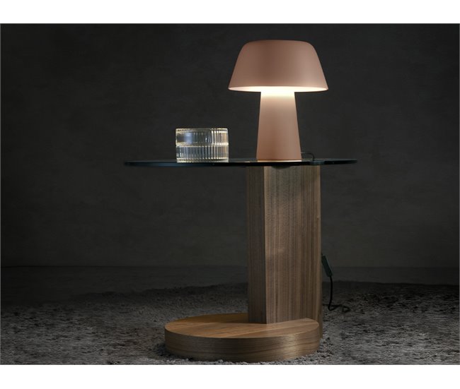 Mesa rincón redonda cristal templado y nogal Transparente