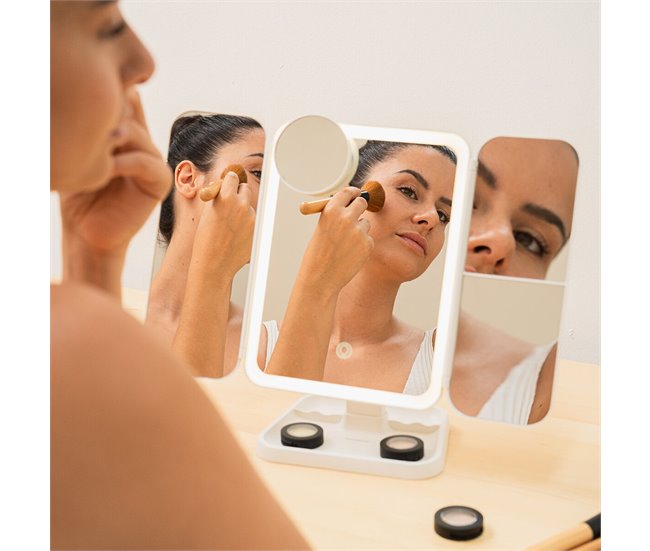 Espejo de Maquillaje Tríptico Recargable con Aumento y Luz LED Blanco