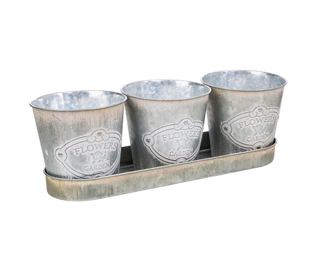 3 Cubos de metal y Bandeja Gris