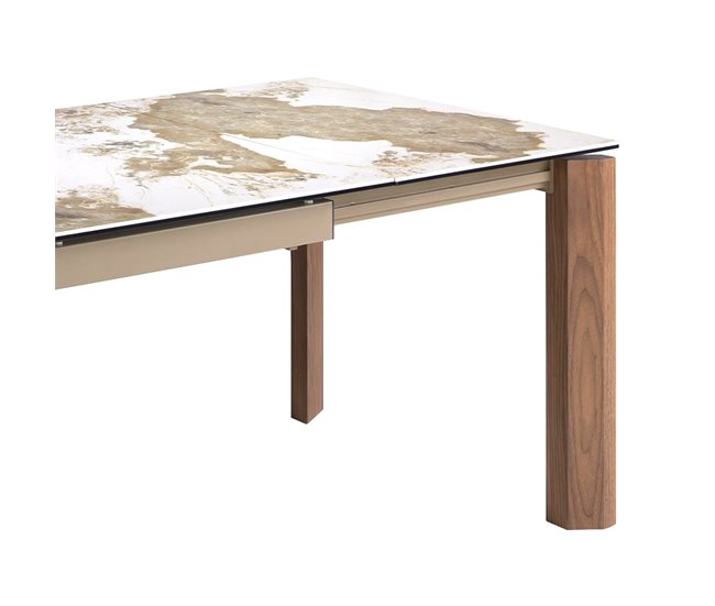 ANGEL CERDA Mesa comedor extensible rectangular mármol porcelánico y nogal 200x90 Natural/ Blanco