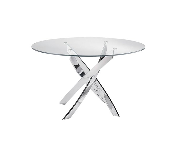 ANGEL CERDA Mesa comedor redonda cristal templado y acero cromado 120x120 Transparente