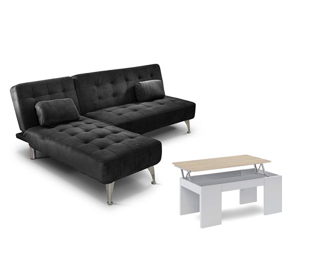Sofa Cama Chaise Longue + Mesa de Centro Elevable Negro