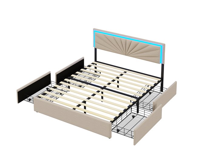 Cama con cabecero LED y 4 cajones de almacenaje Beige