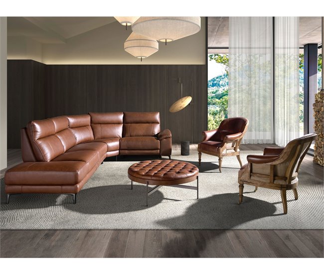 ANGEL CERDA Sofá chaise longue relax izquierda piel marrón tabaco Aluminio