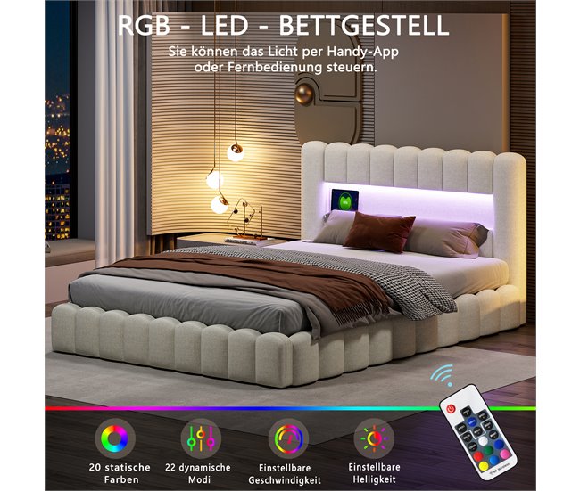Cama con cabecero LED, cama acolchada con almacenaje 153x220 Beige