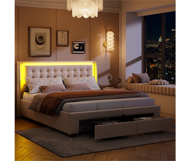 Cama, cajón, LED, USB, bolsa de almacenamiento. 185x203 Beige