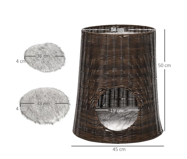 Cesta de Mimbre para Gatos Ratán PE, Metal y Poliéster PawHut Marron