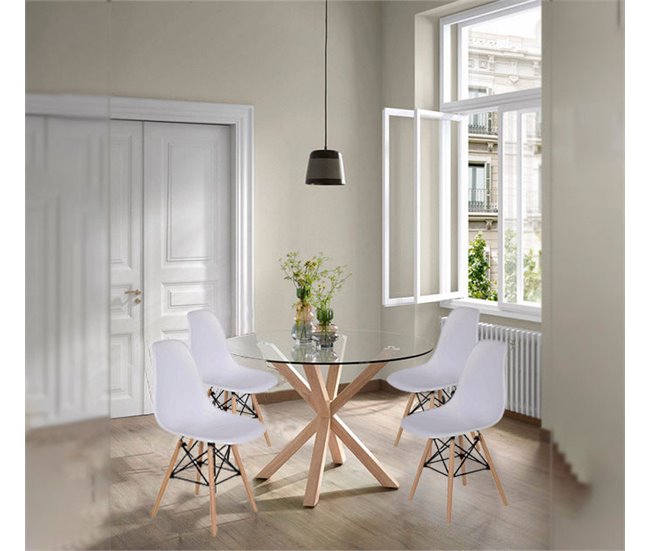 Pack Mesa Redonda de Cristal Templado + 4 Sillas Nordic 120x120 Blanco
