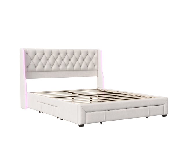 Cama, cajón, cama con canapé, LED, cama funcional Beige