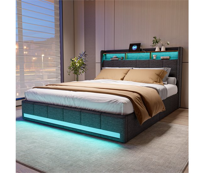 Cama tapizada, luces LED, puertos USB, puerto Tipo C, 4 cajones Gris