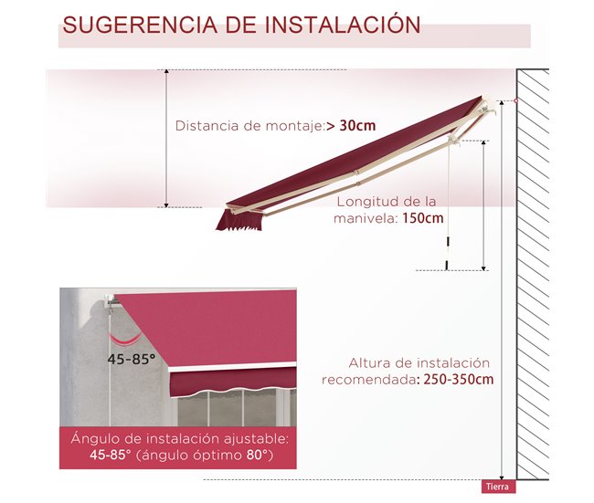 Toldo Manual Plegable Poliéster, Metal Outsunny 395x245 Rojo
