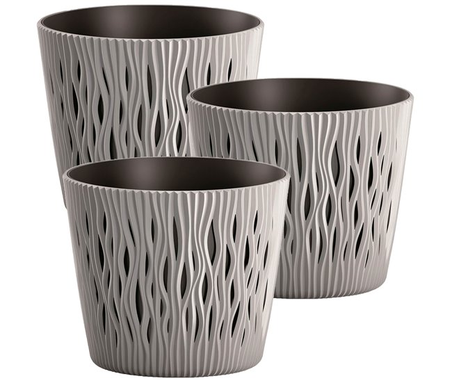 3x Maceta redonda de plastico Sandy Round Gris