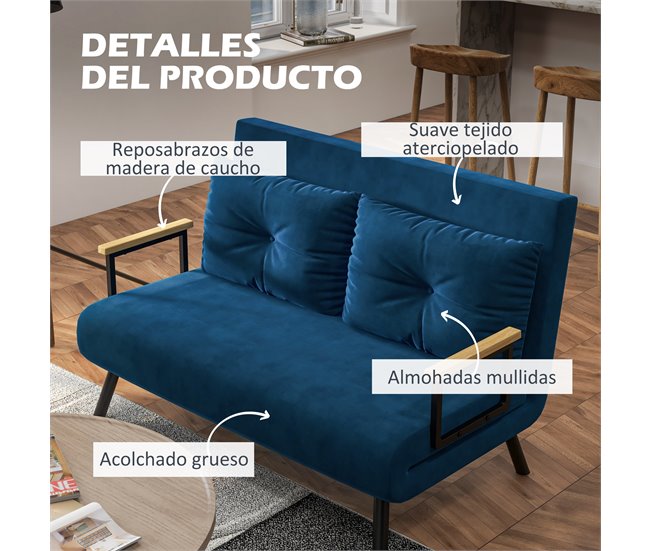Sofá Cama Acero, Espuma, Poliéster, Madera de Caucho HOMCOM Azul