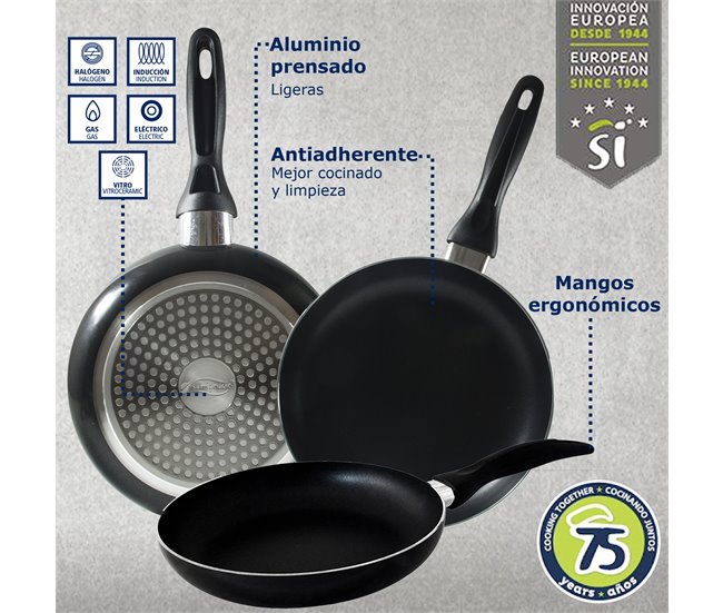 Set Juego de tres sartenes +  Batería de cocina 8 piezas Multicolor