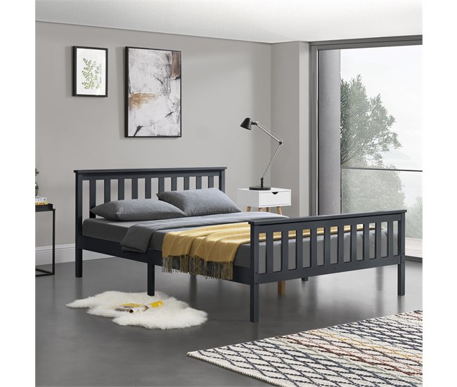 Cama doble de pino Breda con Somier y Reposacabezas - 168x209 Gris Oscuro