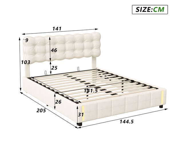 Cama contenedor acolchado, somier LED, láminas Beige