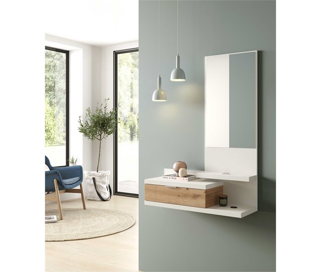 Recibidor DAHLIA con espejo y cajón blanco y roble Blanco/ Madera