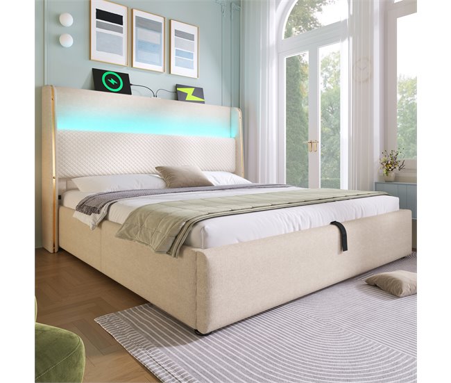 Cama con almacenaje de lino 173x221 Beige